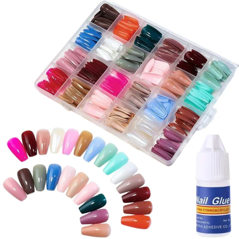 Multicolor Acrylic Artificial Nails Kit | Full Cover Nails with Glue | 24 Shades | 576 Pcs