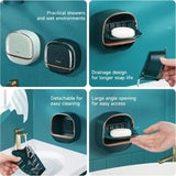 Dark Green | Self-Adhesive Wall-Mounted Luxury Soap Holder with Lid and Drainage Tray view 4