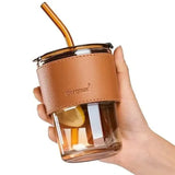 Bamboo Joint Glass Cup with Lid & Straw | 13oz Can-Shaped Tumbler with Leather Sleeve view 1
