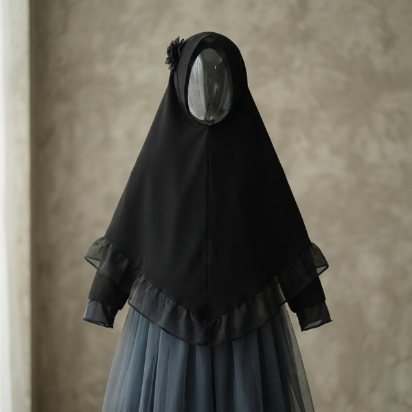 Korean Chiffon Hijab with Floral Detail for Girls (Black)