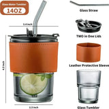 Bamboo Joint Glass Cup with Lid & Straw | 13oz Can-Shaped Tumbler with Leather Sleeve view 4