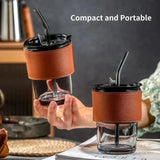 Bamboo Joint Glass Cup with Lid & Straw | 13oz Can-Shaped Tumbler with Leather Sleeve view 3