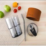 Bamboo Joint Glass Cup with Lid & Straw | 13oz Can-Shaped Tumbler with Leather Sleeve view 2