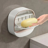 Milky White | Self-Adhesive Wall-Mounted Luxury Soap Holder with Lid and Drainage Tray view 3