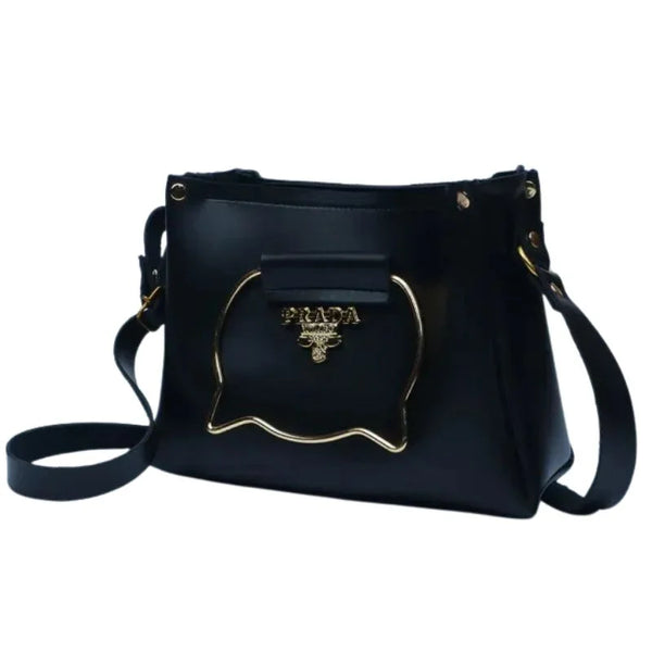 Black Elegant Cat Handle Handbag for Girls & Ladies | Stylish Shoulder & Crossbody Bag with Gold Accents | Adjustable Strap