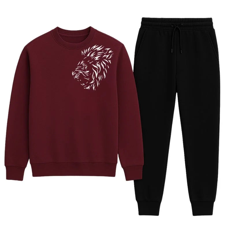 LION Printed Maroon  Tracksuit Sweatshirt & Trouser  | Warm & Comfortable Winter Wear | Medium