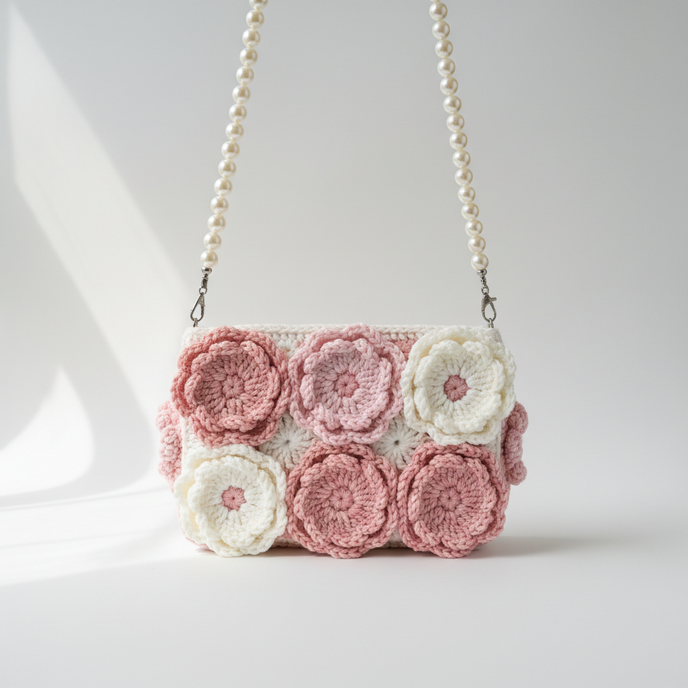 Crochet Flower Crossbody Bag - Pink & White with Pearl Strap
