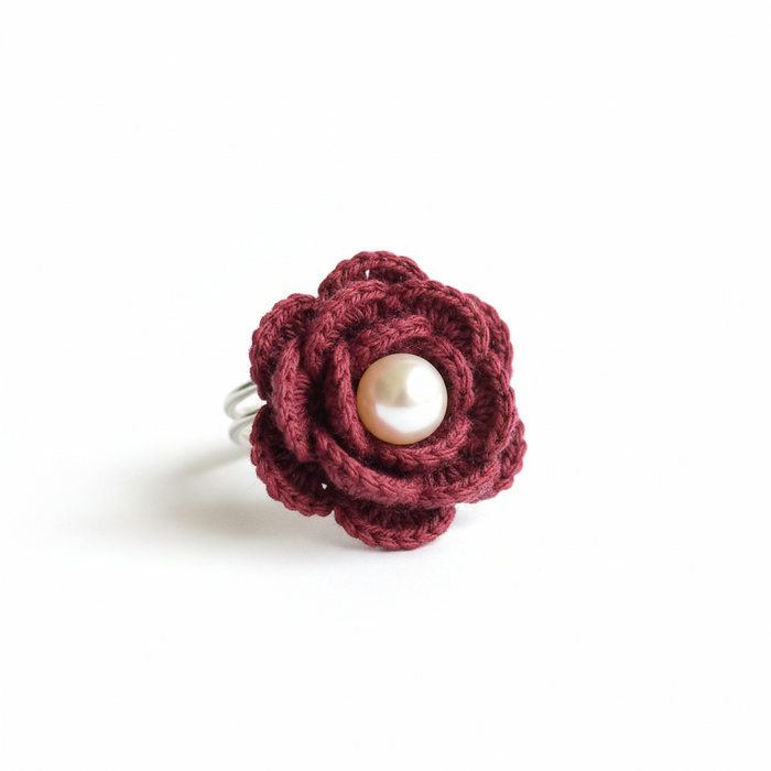 Crochet Rose Ring - Maroon with Pearl Center