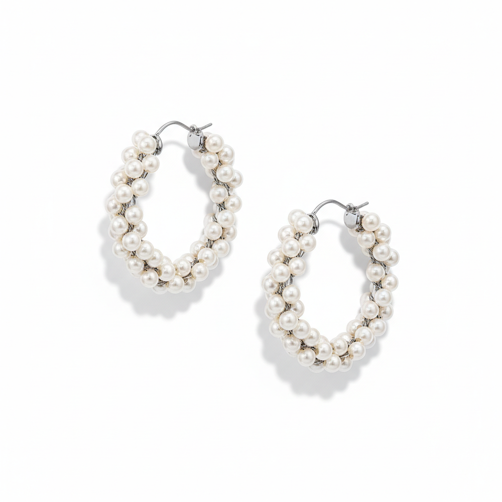 Pearl Beaded Hoop Earrings - Handmade