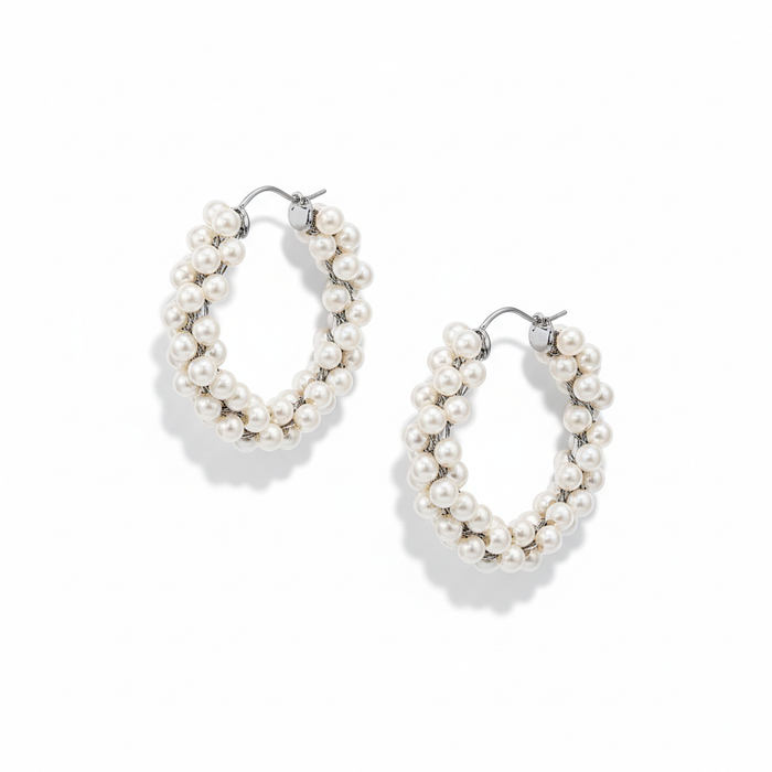 Pearl Beaded Hoop Earrings - Handmade
