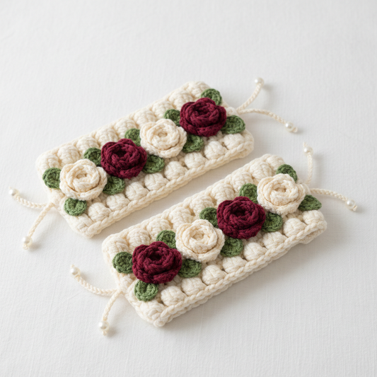 Crochet Flower Wrist Cuff Bracelet Set - Rose & Cream