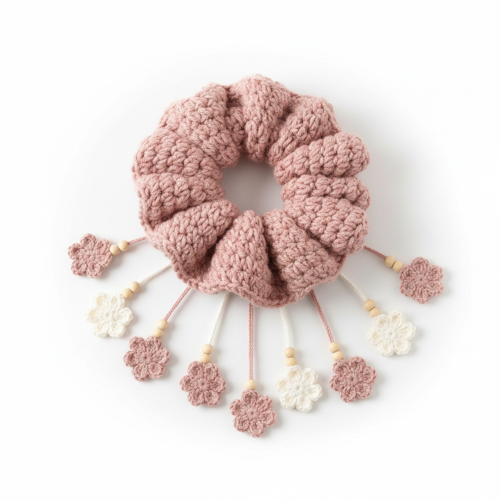 Crochet Puff Scrunchy with Tassels - Dusty Pink