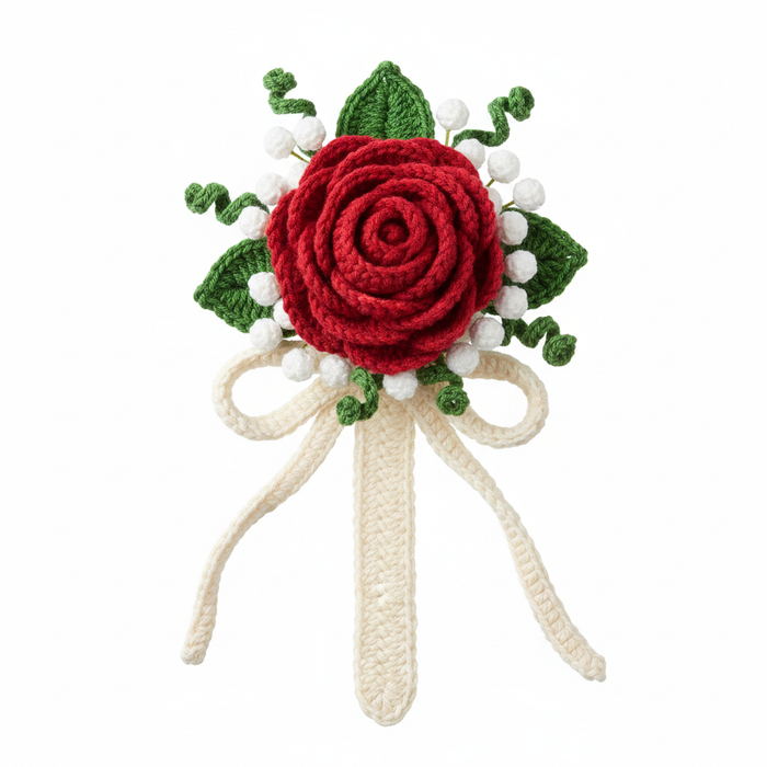 Handmade Crochet Bridal Wrist Corsage - Red Rose & Baby's Breath