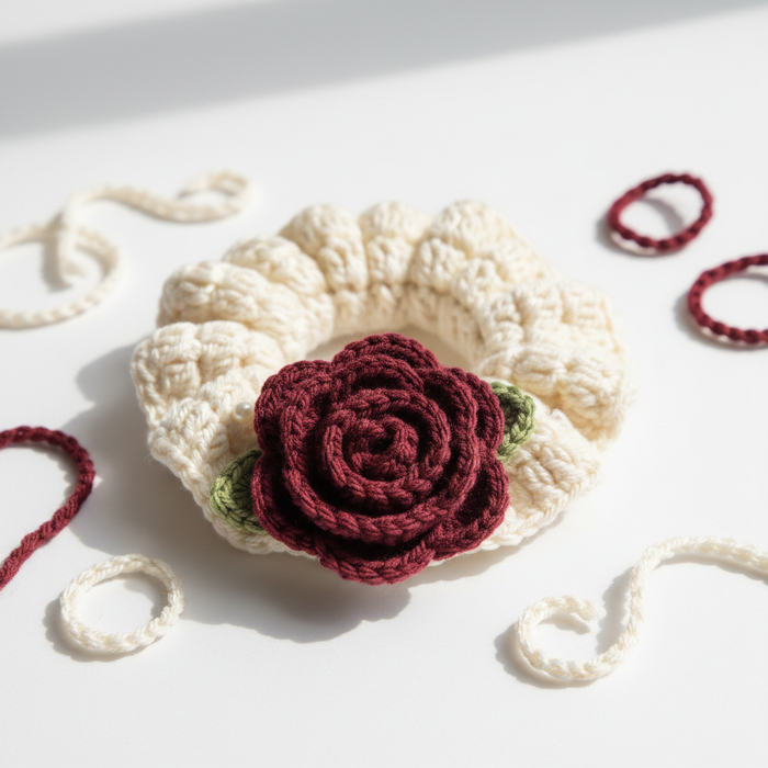 Crochet Scrunchy with Rose Applique - Ivory & Maroon
