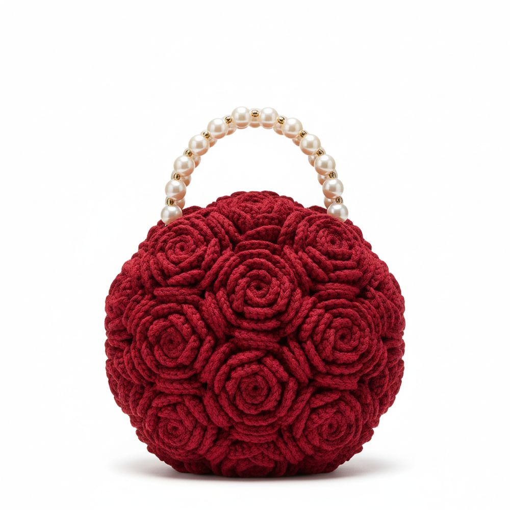 Crochet Rose Bouquet Handbag - Pearl Chain Handle