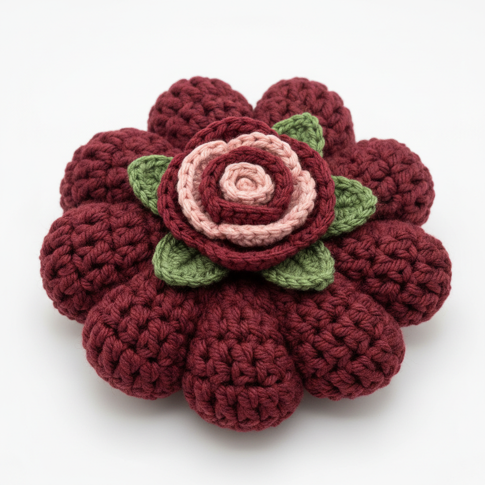 Crochet Rose Scrunchy - Maroon Puff with Rose Applique