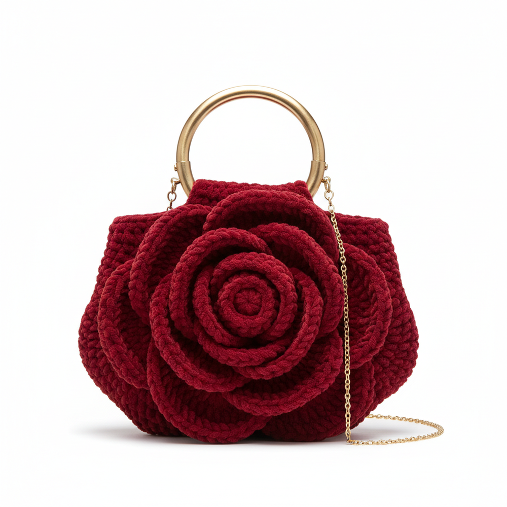 Crochet Rose Clutch Bag - Ring Handle with Chain Strap
