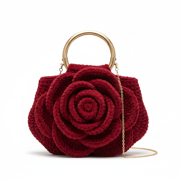 Crochet Rose Clutch Bag - Ring Handle with Chain Strap
