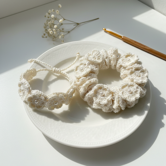 Crochet Flower Scrunchy & Bracelet Set - Ivory